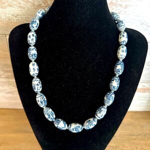 Vintage Chinese Blue White Porcelain Necklace with  Fish Hand Painted Beads 24”